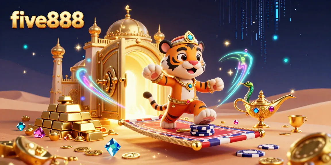 Win at five888 with vibrant 3D casino-themed characters and gold treasure in a rich illustration.