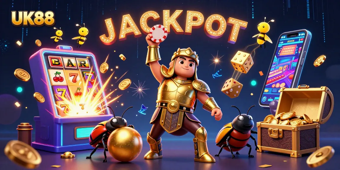 Engage with UK88's thrilling jackpots, featuring a victorious beetle hero amidst slot machine excitement.