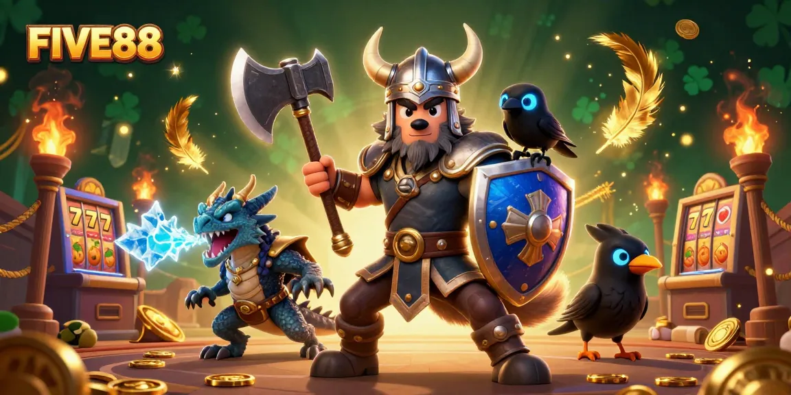 Experience exciting gameplay at FIVE88 with fierce Viking warriors and thrilling slot machines in a dynamic casino setting.