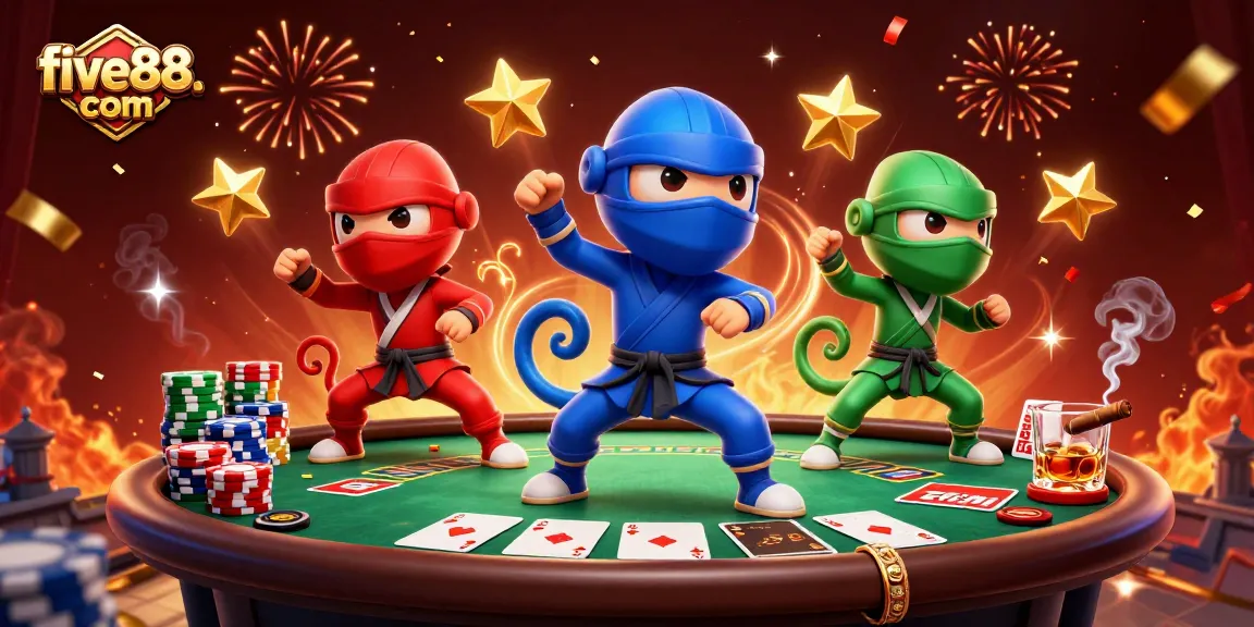Experience thrilling casino action at five88. com with vibrant 3D chameleons and poker elements in a dynamic illustration.