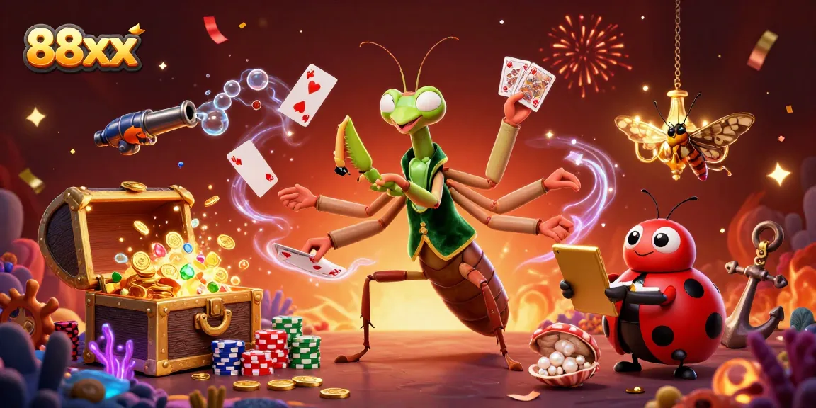 Engage in thrilling gameplay at 88xx casino with a dynamic 3D scene featuring vibrant characters and casino elements.