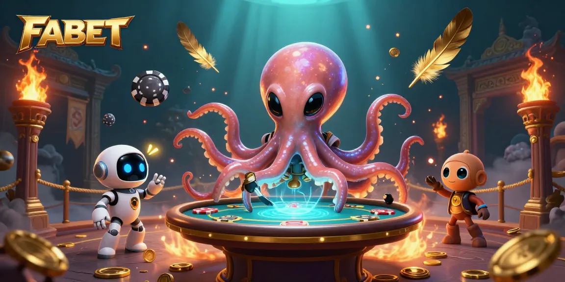 Experience FABET's thrilling gaming scene with an alien octopus at a poker table.