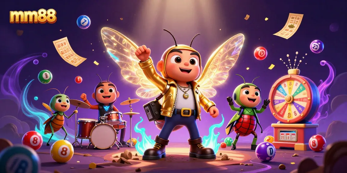 Experience mm88 gaming with a vibrant 3D casino scene filled with lottery balls, spinning wheels, and rock star characters