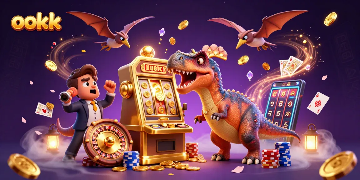 ookk brings excitement to life with a dinosaur winning jackpots in this vibrant casino scene.
