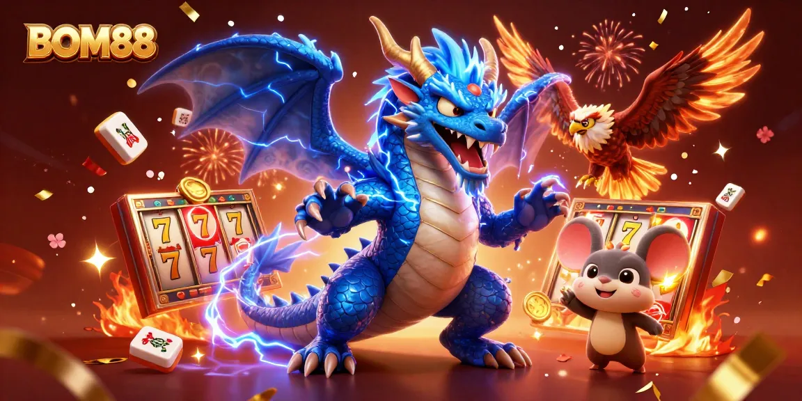 BOM88 players enjoying an exciting casino experience with vibrant slot machines, lightning dragon, and celebrating characters.