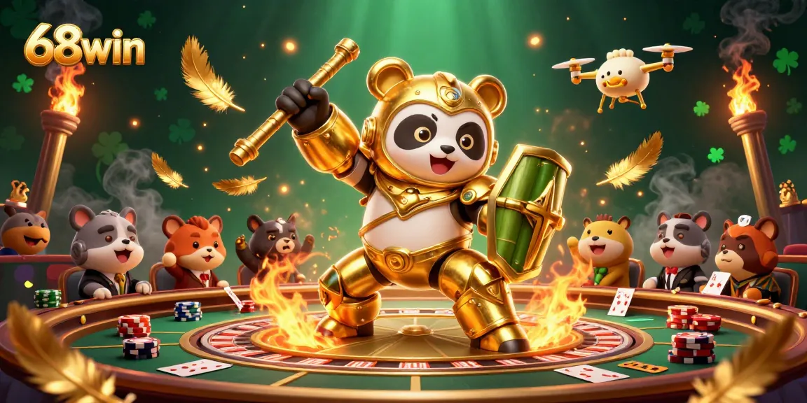Engaging 68win live casino battle scene featuring a golden panda piloting a robot amidst betting excitement.