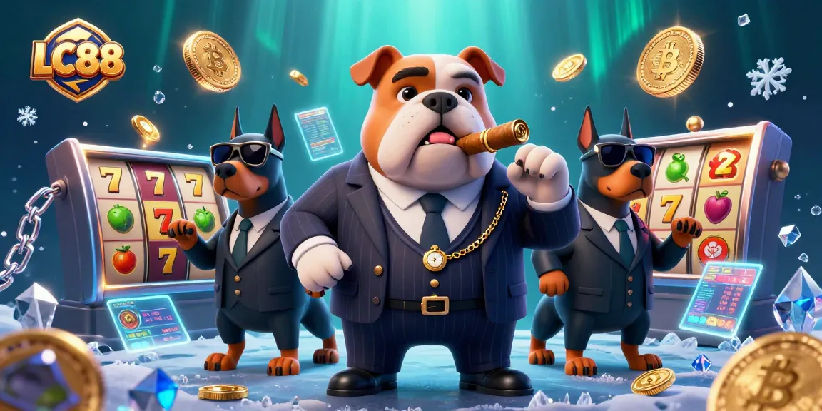 Experience thrilling gameplay at LC88 with a vibrant 3D mafia casino scene featuring slot reels and crypto coins.