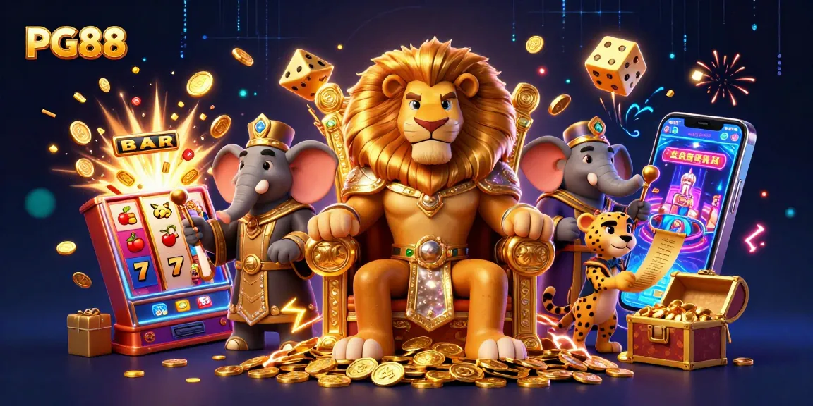 Experience PG88 with a fierce lion king, elephant advisor, and cheetah messenger in a dynamic casino scene.