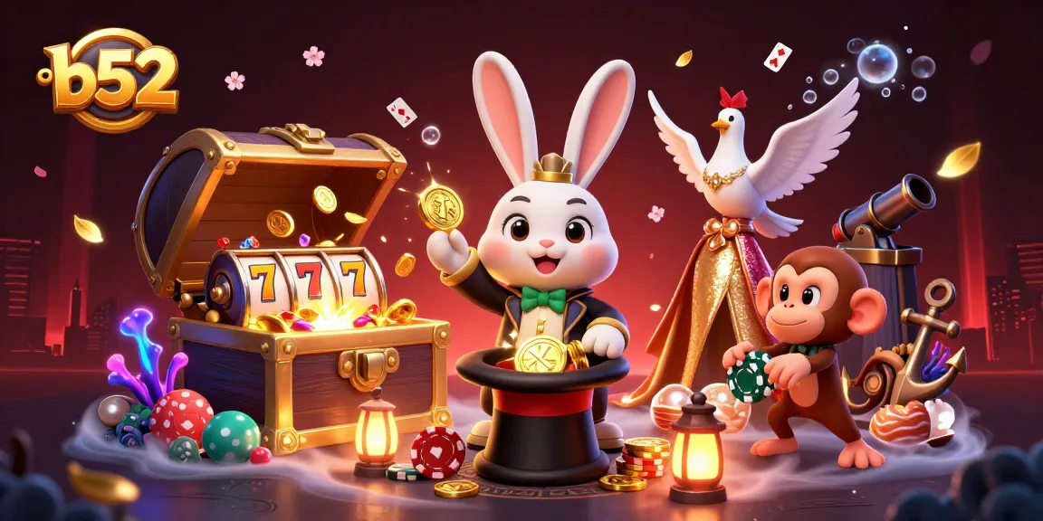 Win big at b52 with a 3D cartoon scene featuring a magician rabbit, dove, and monkey amidst casino elements.