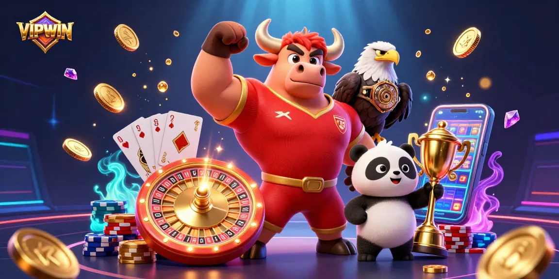 Engage with VIPWIN's exciting games in a vibrant casino-themed 3D illustration.