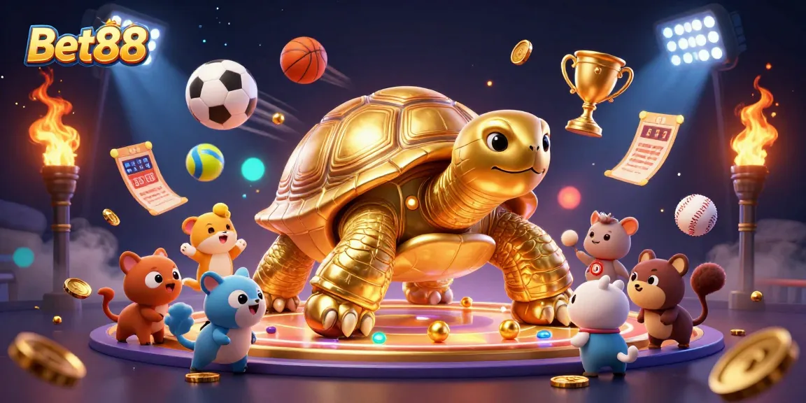 Bet88 players enjoying a unique casino experience with a giant tortoise pinball machine in a vibrant gaming scene.