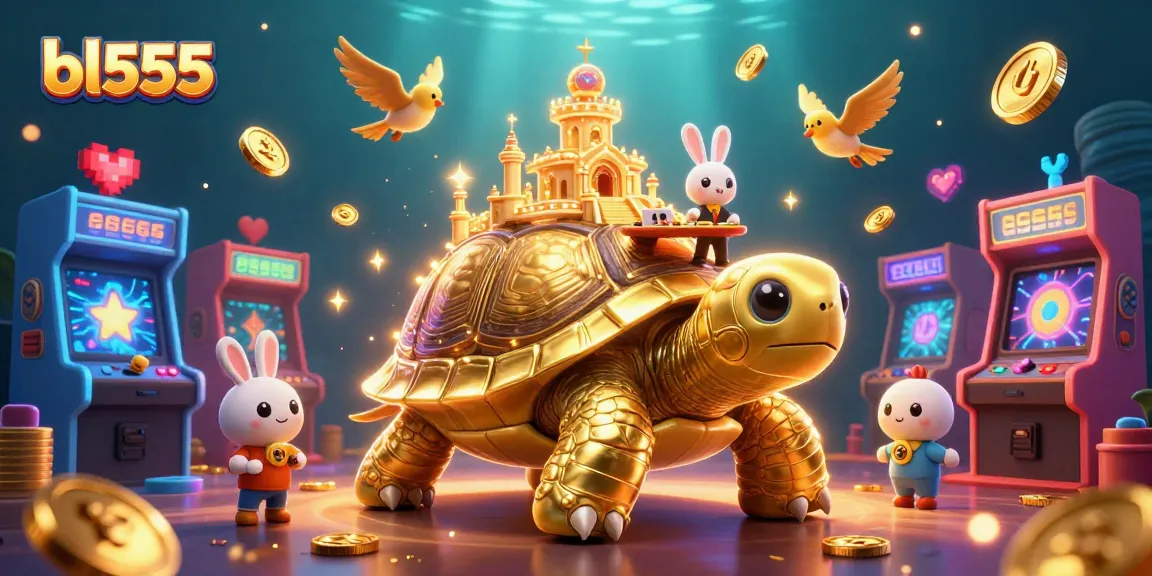 Experience thrilling games at bl555, featuring a golden tortoise casino and colorful gaming elements.