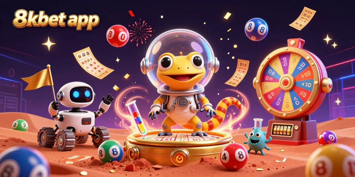 Join the 8xbet app adventure with a Martian gecko exploring a golden casino surrounded by exciting lottery games.