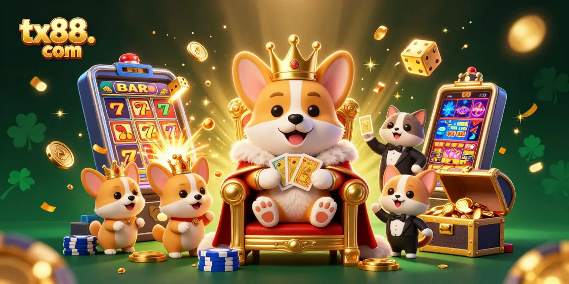 Experience jackpot excitement at tx88. com with a vibrant 3D illustration featuring royal corgi characters and casino games.