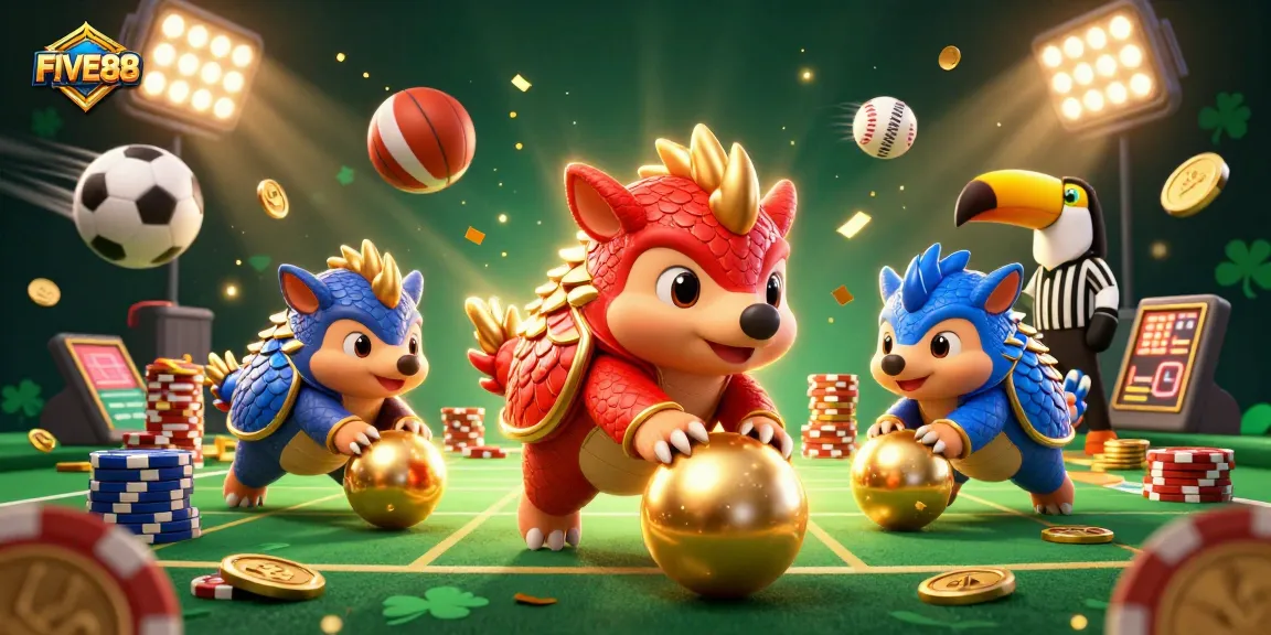 Experience thrilling action with FIVE88's vibrant casino scene featuring dynamic pangolin characters.