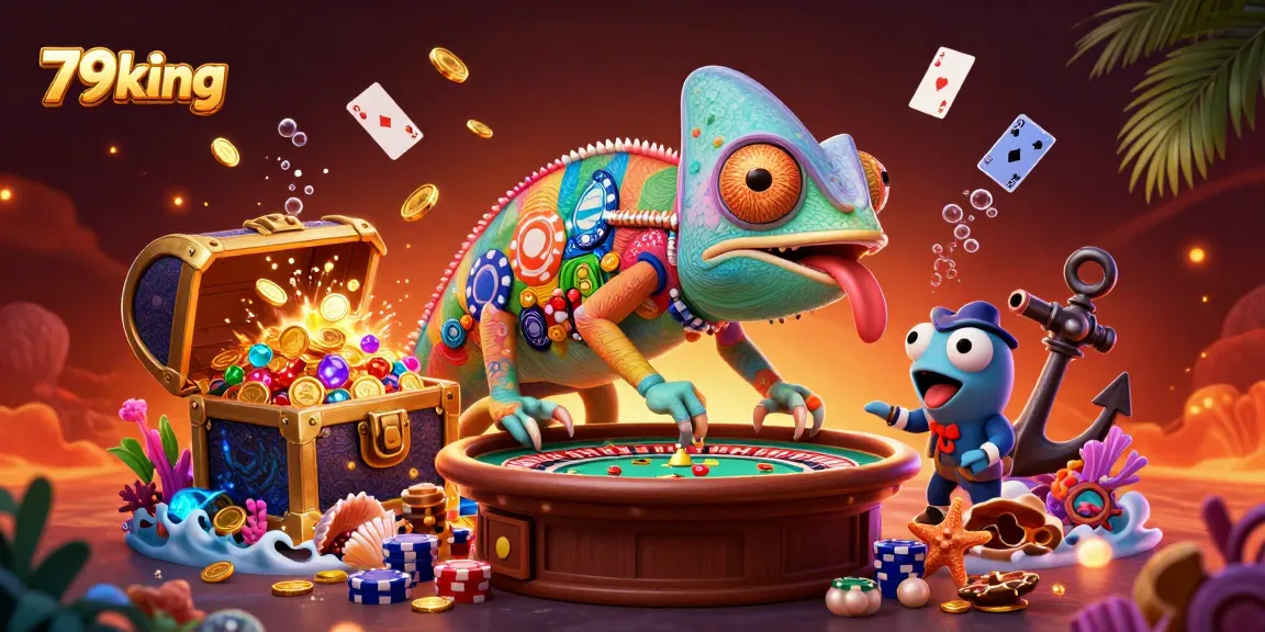 Experience thrilling gameplay at 79king with a vibrant chameleon casino owner surrounded by shimmering gold and dynamic game elements.