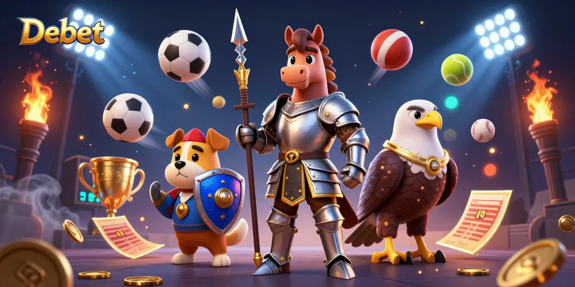 Place strategic bets with Debet in a vibrant 3D casino scene featuring knights and sports elements.
