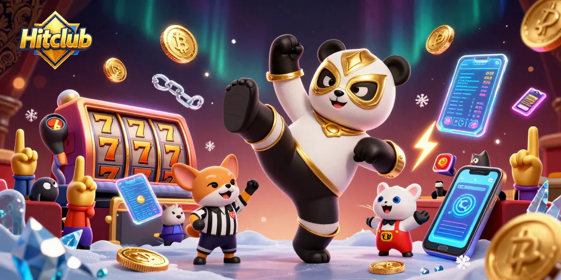 Hitclub showcases a thrilling slot game scene with energetic cartoon characters and casino elements.