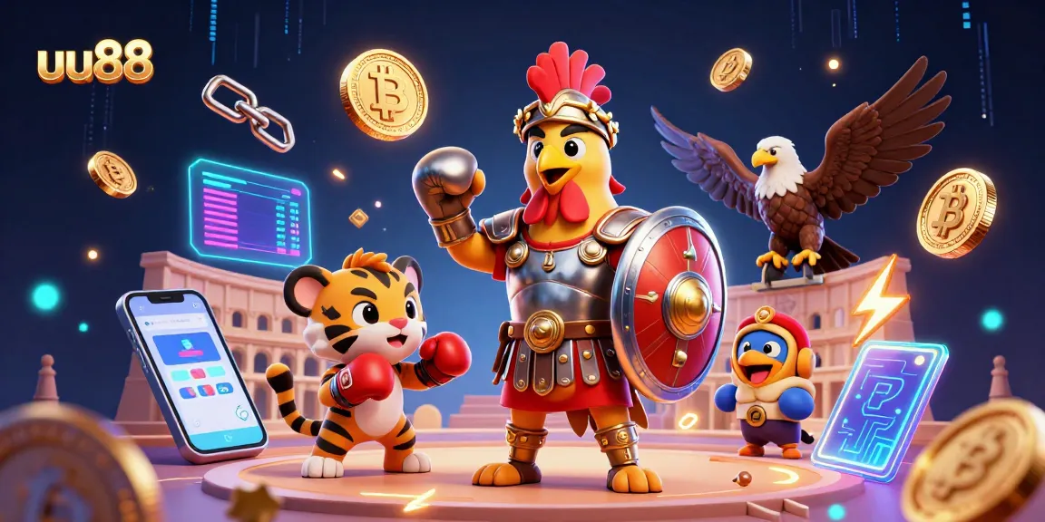 uu88 offers thrilling gaming experiences with a dynamic 3D illustration highlighting a gladiator rooster and cryptocurrency elements
