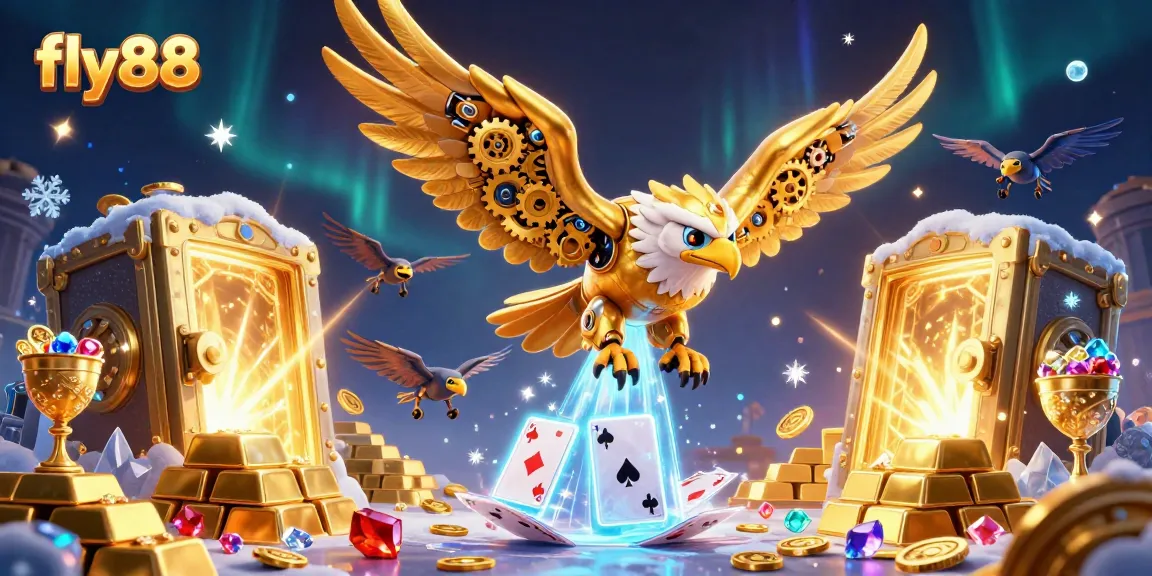 Experience thrilling wins at fly88 with a stunning illustration of a golden eagle diving through luxury casino rewards.