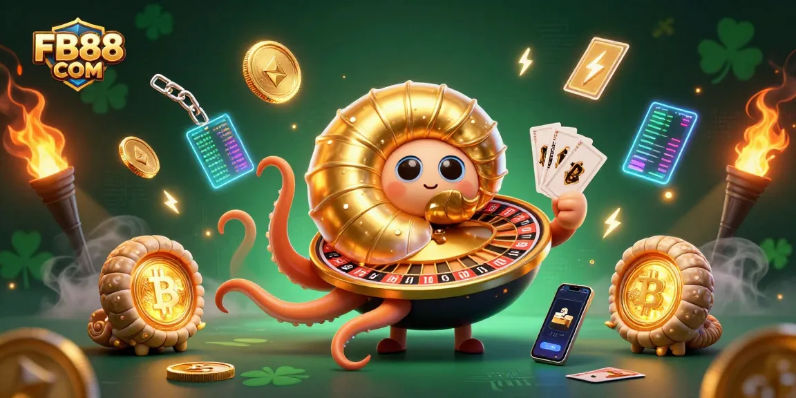 Engage with dynamic casino action featuring FB88 COM and a vibrant 3D illustration of ancient nautilus and crypto elements.