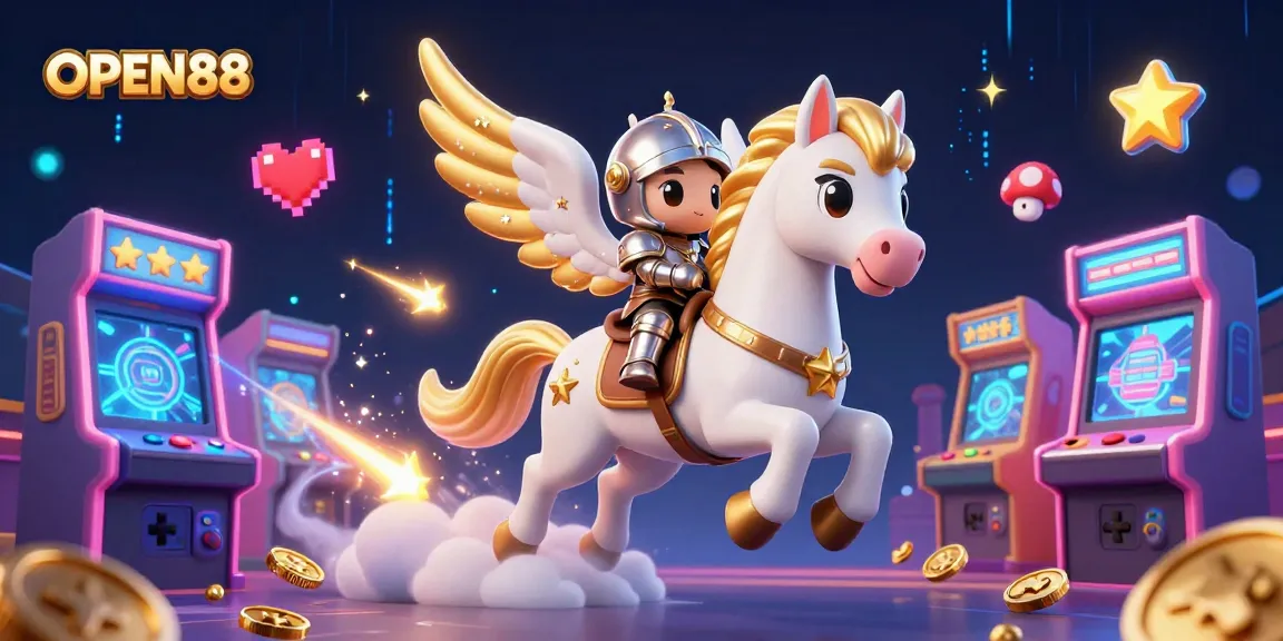 Experience the thrills of OPEN88's casino games with a celestial horse and knight amidst vibrant gaming elements.