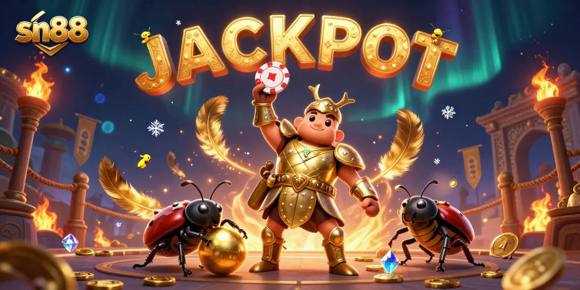 Experience thrilling gameplay with sn88, where a heroic hercules beetle celebrates victory amidst a vibrant casino atmosphere.