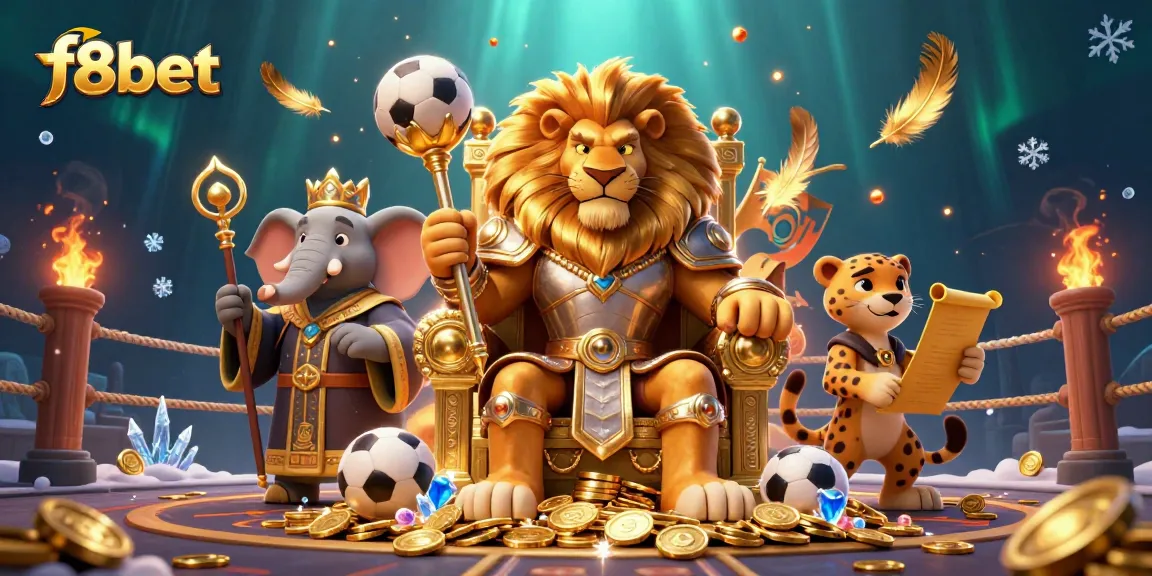Engage with f8bet's fierce lion king on a throned betting adventure amidst vibrant casino elements.