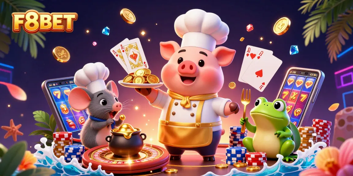 Engage with F8BET through vibrant 3D casino scene featuring gaming and celebratory elements.