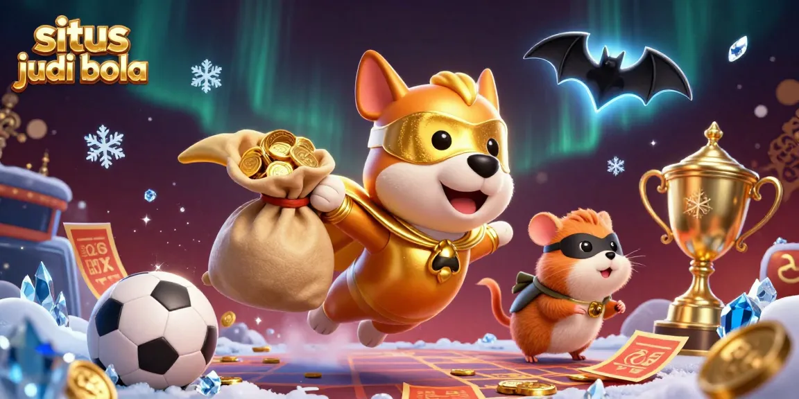 Situs judi bola yang dinamis menampilkan anjing superhero 3D dengan koin emas dan hamster pahlawan, dikelilingi elemen taruhan olahraga.