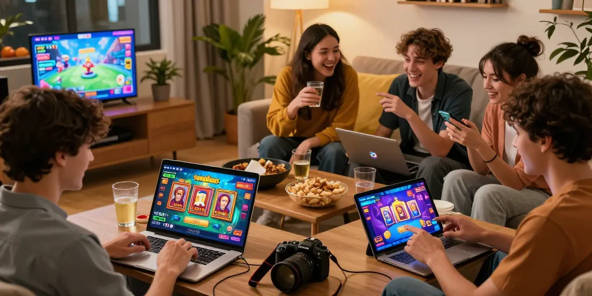 Players enjoying the Sun win gaming platform in a lively lounge filled with laughter and excitement.