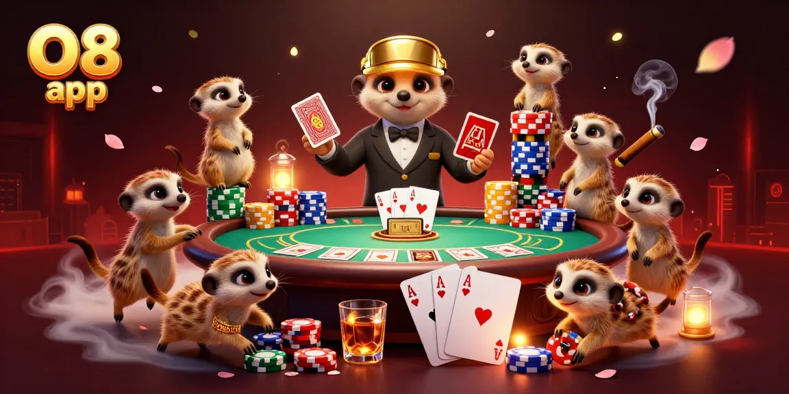 Experience the thrilling O8 app with a lively meerkat casino scene filled with excitement and action.