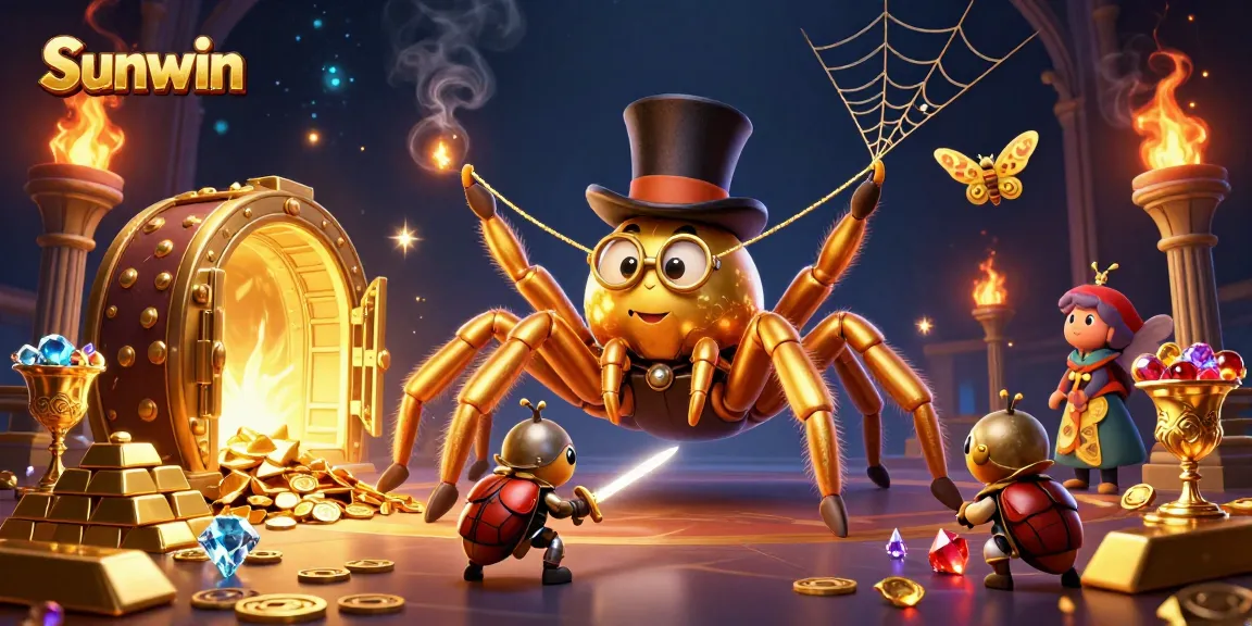 Win big at Sunwin's casino with a golden tarantula and brave beetle knight in a vibrant gaming scene.