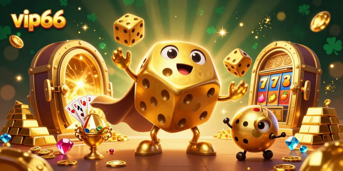 Experience exhilarating gaming with vip66 as golden dice and vibrant symbols create a dynamic casino scene.