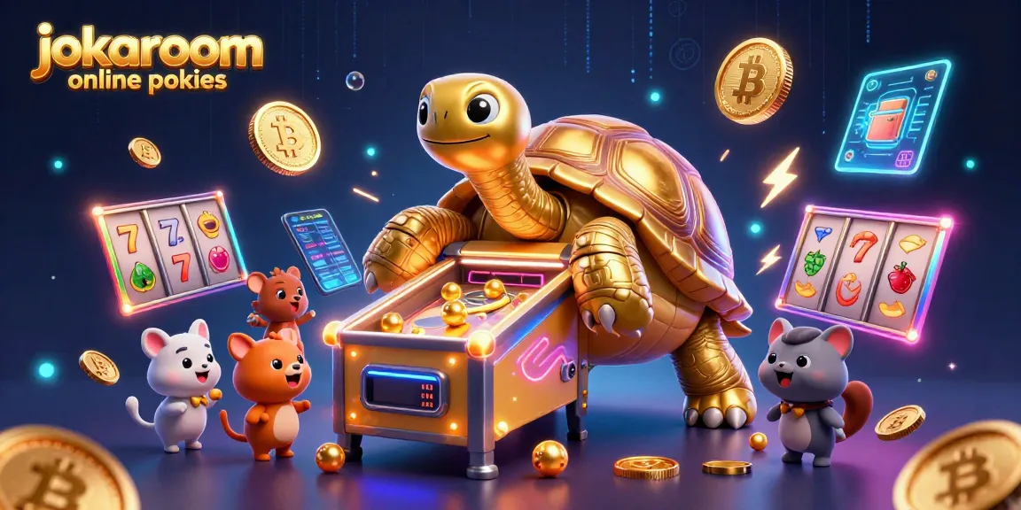Engage with jokaroom online pokies in a vibrant 3D world filled with golden tortoises and crypto elements.
