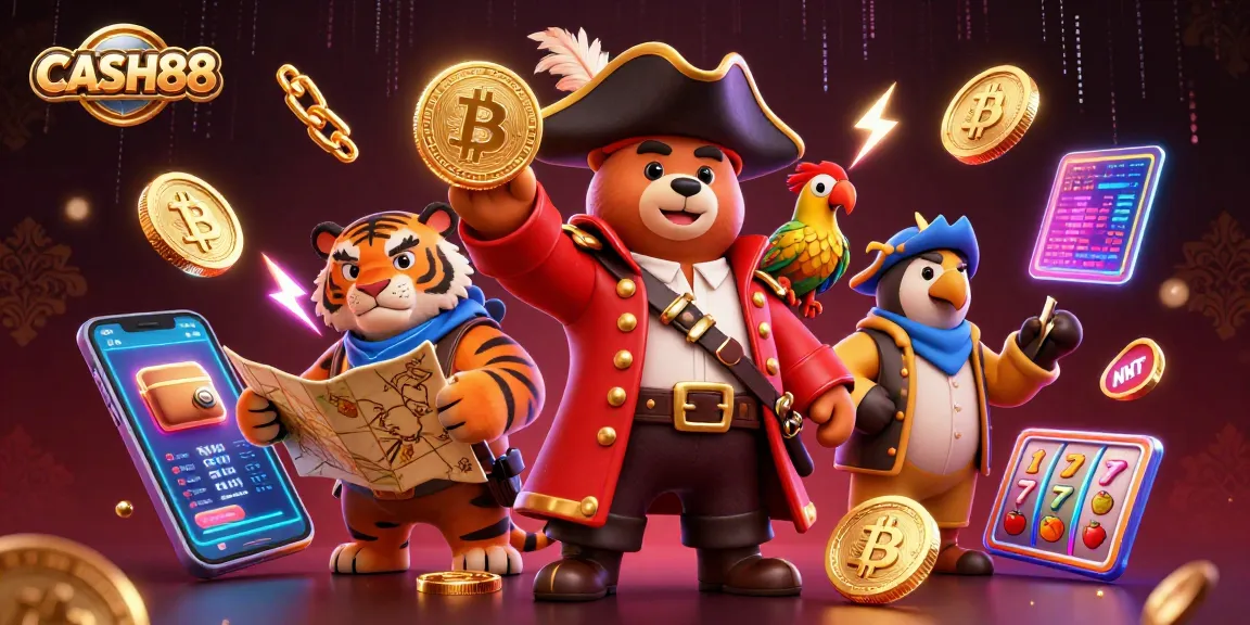 Experience CASH88 excitement with a vibrant 3D scene of a pirate bear and tiger amidst neon gaming elements.
