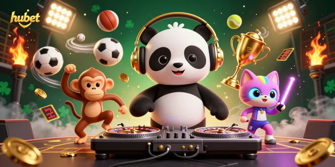 Engage in thrilling hubet casino gameplay with DJ panda and lively characters in a vibrant scene.