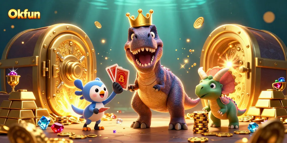 Join Okfun's thrilling adventure with a T-Rex, pterodactyl, and triceratops enjoying a vibrant cartoon casino scene.