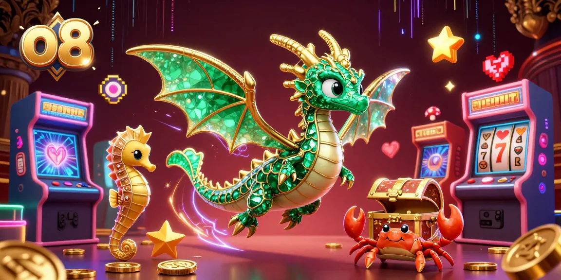 Experience thrilling games at o8 as a colorful sea dragon and crabs celebrate casino wins.