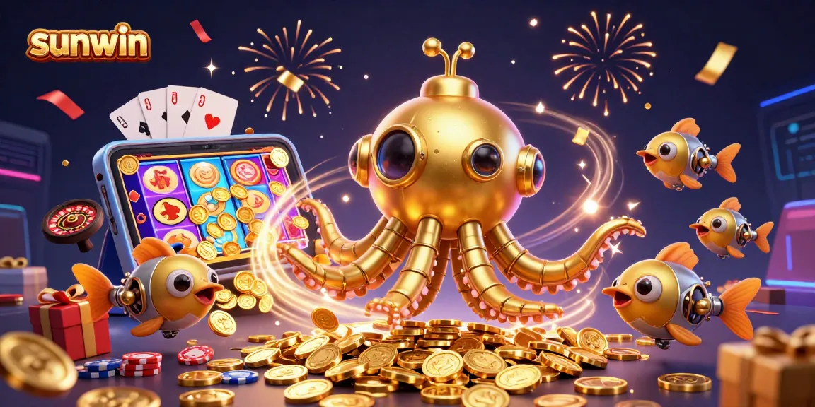 Catch the excitement at sunwin with a vivid 3D illustration showcasing gaming and treasure elements.