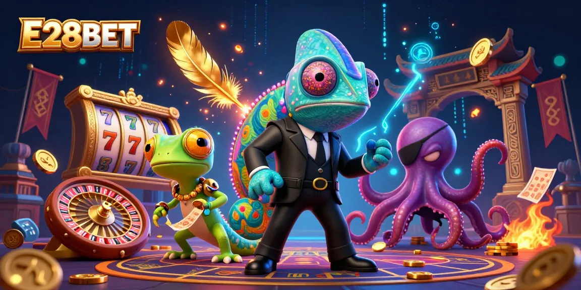 E28BET engages players with colorful casino elements, showcasing exciting strategies in a dynamic illustration.