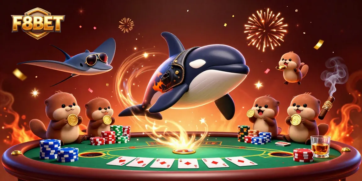 F8BET features an orca whale, stingray, and otters celebrating with poker elements, showcasing casino excitement.