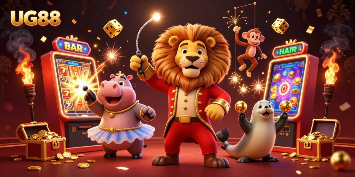 Experience the thrill of UG88 with a lively casino scene featuring characters, slots, and jackpots.