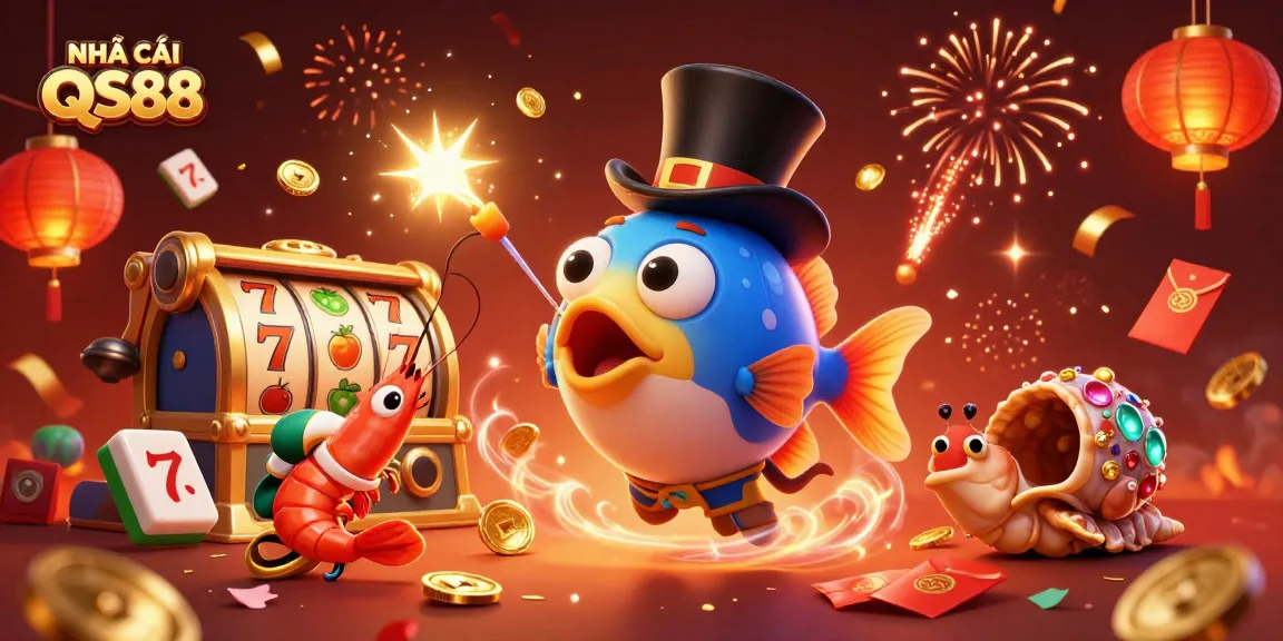 Play thrilling games at NHÀ CÁI QS88 while celebrating with gold coins and glowing treasures.