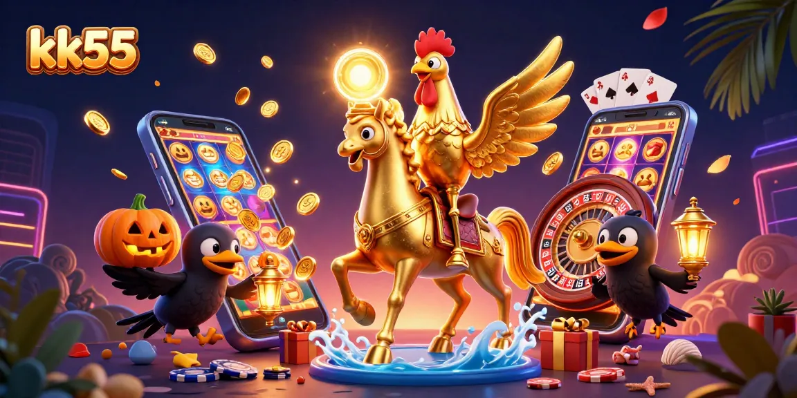kk55 arcade action featuring a golden rooster and pumpkins in an animated casino scene.