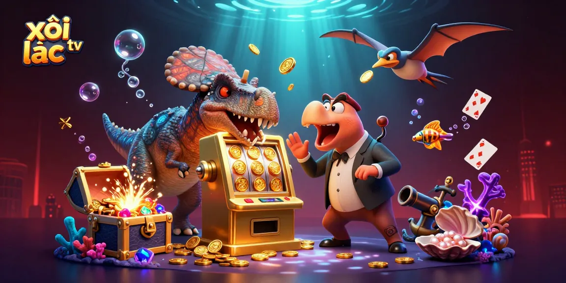 xôi lạc tv illustrates a pachycephalosaurus winning at a golden slot machine amid dynamic casino elements.