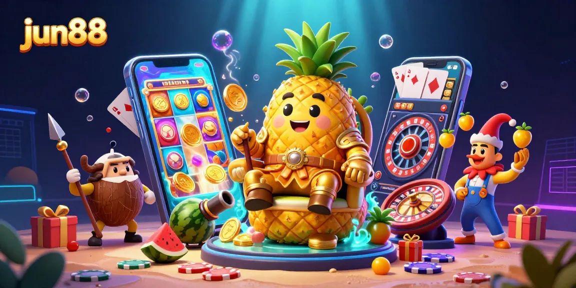 Experience the excitement of jun88 with a dynamic casino scene showcasing a golden pineapple king and vibrant games around him.