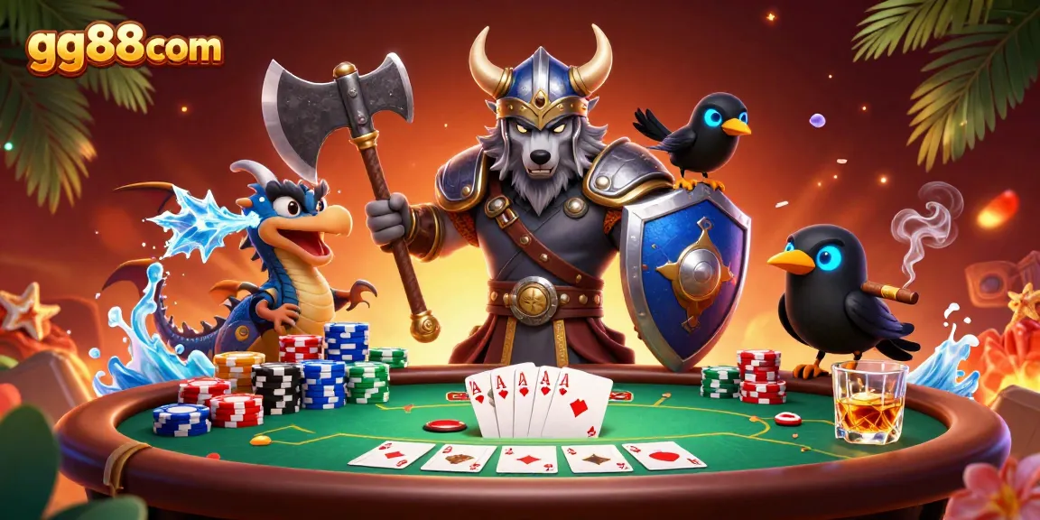 Experience thrilling gameplay at gg88com with Viking warriors and poker action in a vibrant casino setting.