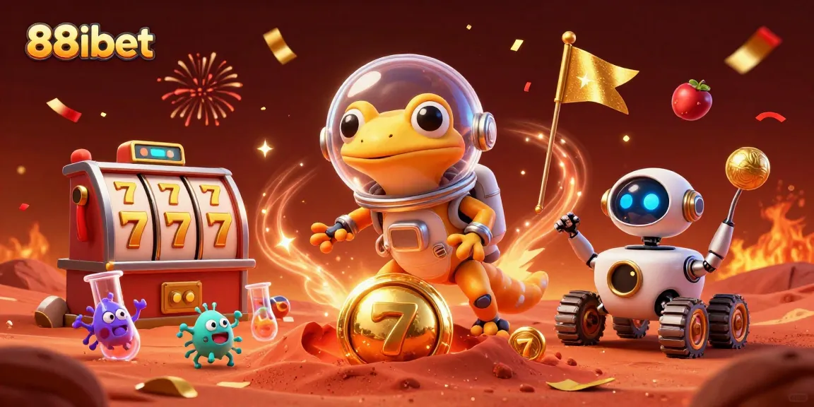 Experience the excitement of 88ibet with a Martian gecko discovering a golden casino amidst cinematic fireworks.