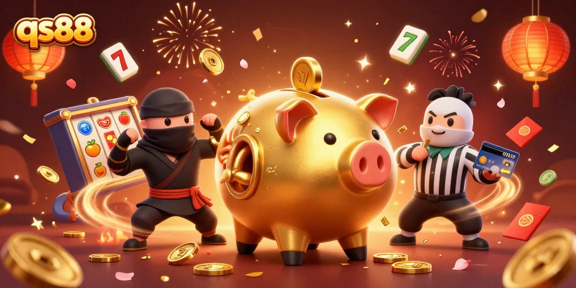 Engage with qs88 through vibrant 3D casino illustration packed with characters, coins, and festive elements.